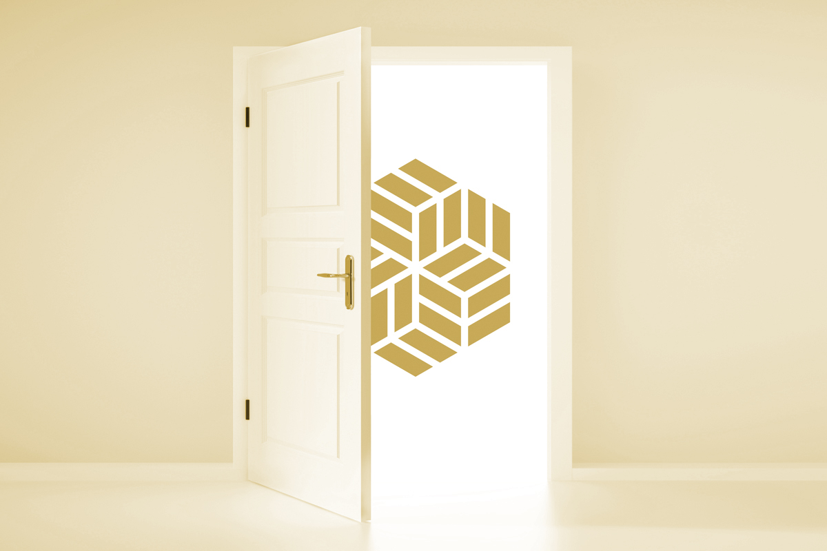 up close equilibrium logo gold open door